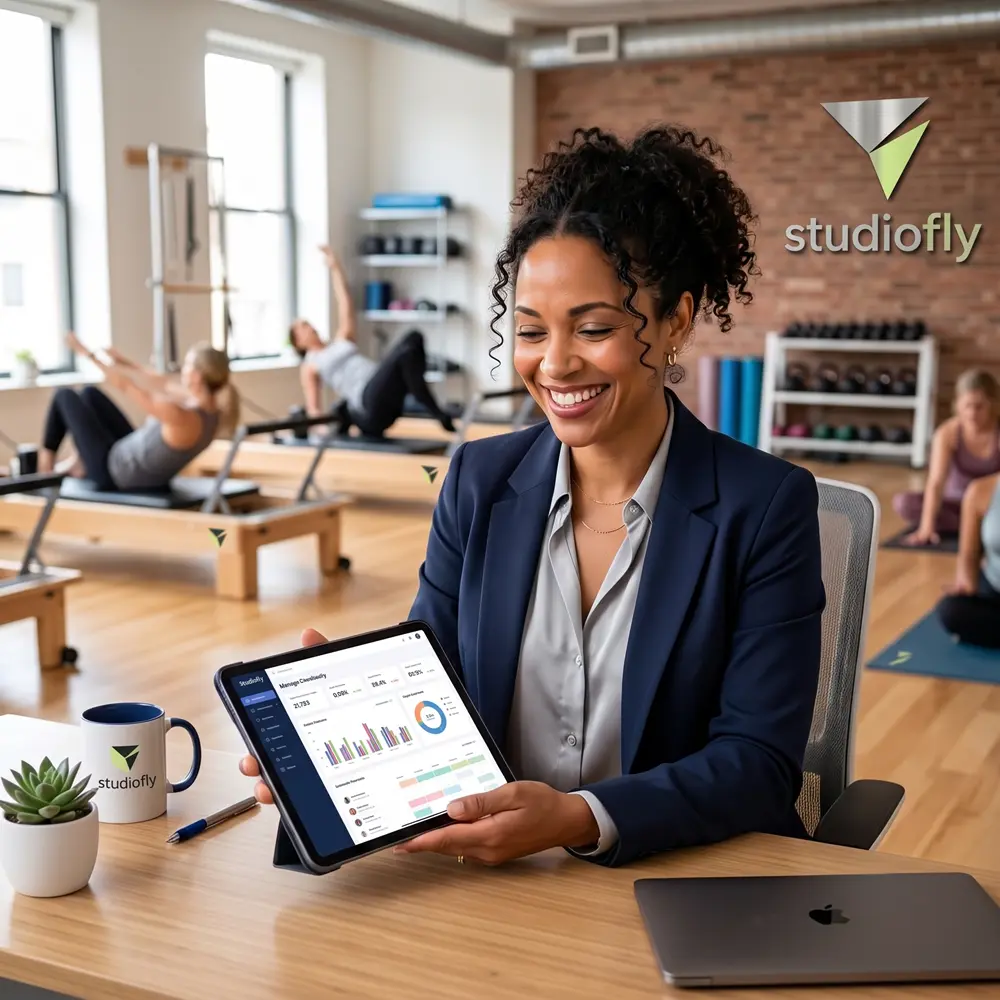 Studio professional holding a tablet with StudioFly software in a bright Pilates studio